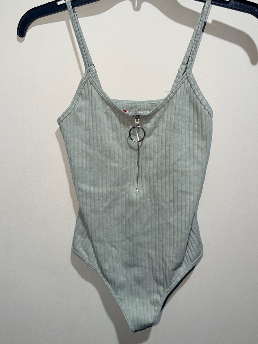 Ribbed Sage Green Zip-Front Bodysuit with O-Ring Pull